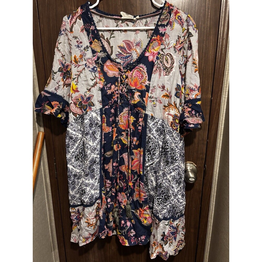 Anthropologie Lilka Dress L Floral Boho Patchwork Trapeze Peasant Mini Lined